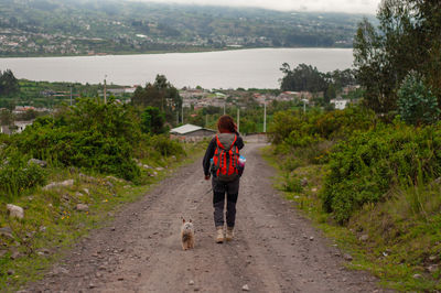 Rear view of woman walking on road