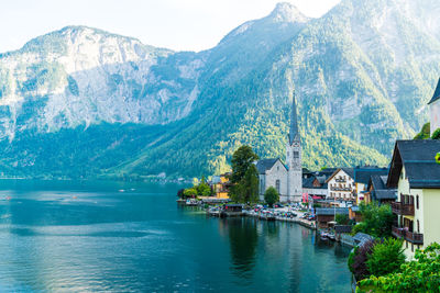 Scenic view of lake and mountain against sky