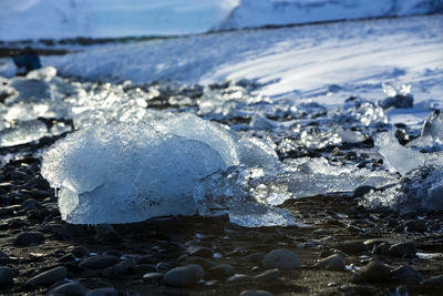 Ice blocks at glacier lagoon jokulsarlon in iceland, wintertime