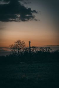 Silhouette trees on field against sky during sunset