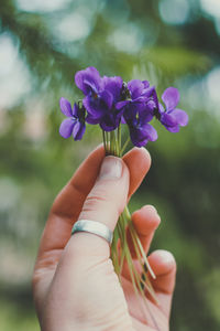 Close up hand with purple blossoming plants concept photo