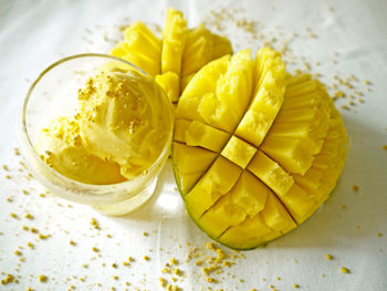 High angle view of dessert on table