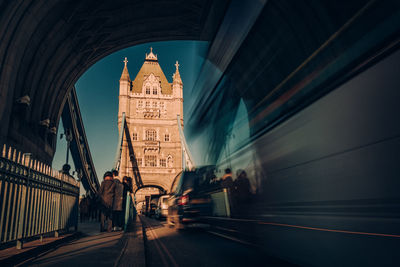 View of clock tower bridge in city