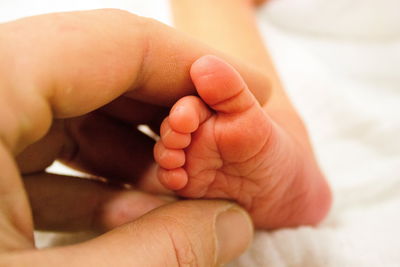 Cropped image of hand holding baby leg