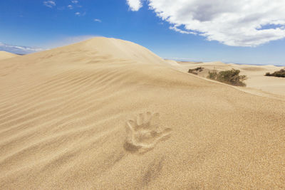 Sand dunes in desert against sky