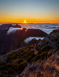 Scenic view of snowcapped mountains against sky during sunset