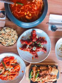 High angle view of meal served on table