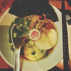 High angle view of food in plate on table