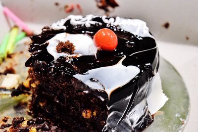 Close-up of chocolate cake in plate