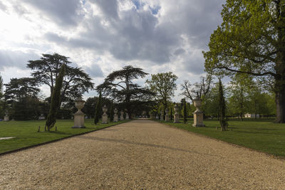 Trees in cemetery against sky