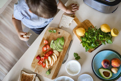 High angle view of breakfast on table