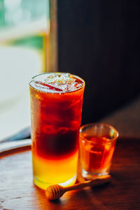 Close-up of beer in glass on table
