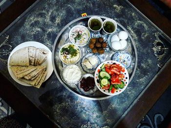 High angle view of meal served on table