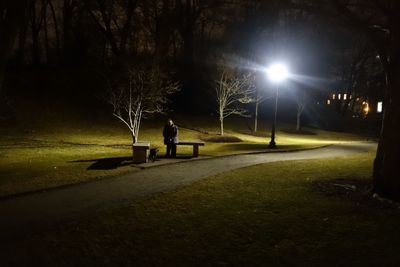 Rear view of men walking on illuminated street at night