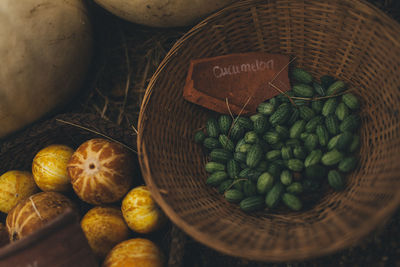 High angle view of melothria scabras and honeydew melons in basket