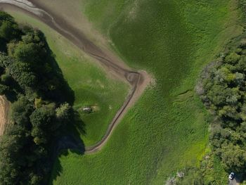 High angle view of drought state reservoir in a grease landscape south east england uk