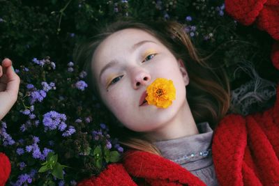 Portrait of girl with pink flowers