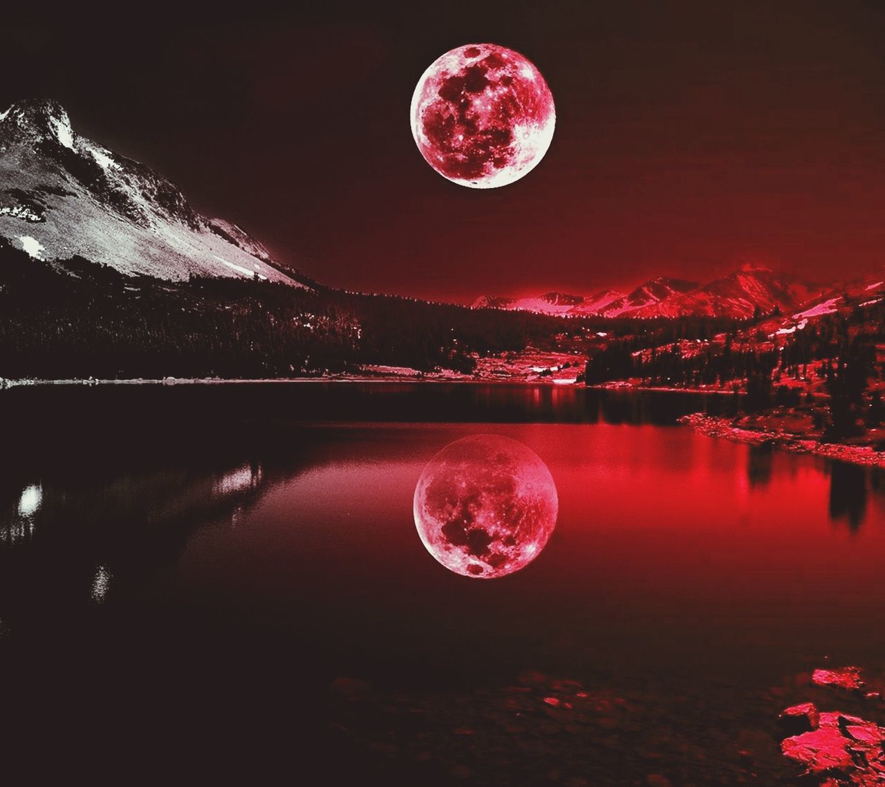 water, lake, beauty in nature, sky, scenics - nature, full moon, moon, reflection, tranquil scene, tranquility, mountain, night, nature, no people, waterfront, space, red, astronomy, idyllic, outdoors, planetary moon, moonlight