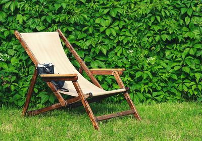 Camera and deck chair against plants in yard