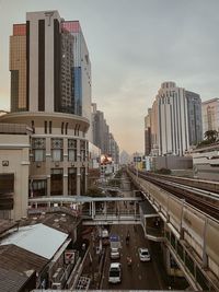 High angle view of buildings in city against sky