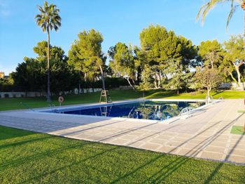 Swimming pool by trees on field against sky