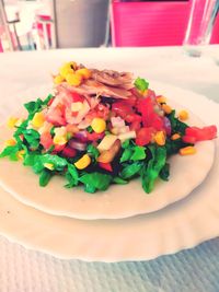 High angle view of salad in plate on table