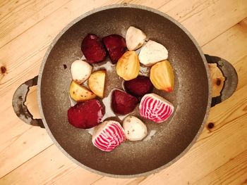 High angle view of fruits in bowl on table