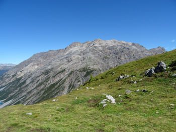 Scenic view of mountain range against clear blue sky