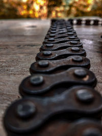 Close-up of rusty metal on table