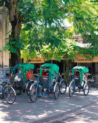 Bicycles parked on street in city