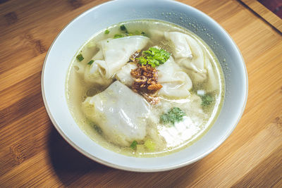 High angle view of soup in bowl on table