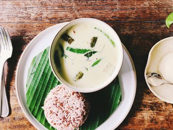 High angle view of soup in bowl on table