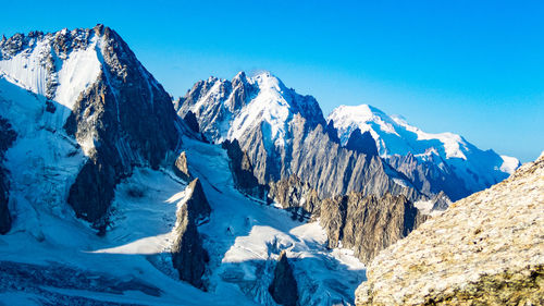 Panoramic view of snowcapped mountains against clear blue sky