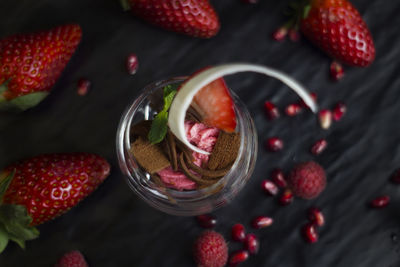 High angle view of strawberries in container