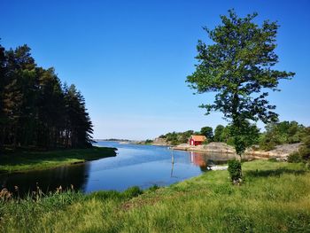 Scenic view of lake against clear blue sky