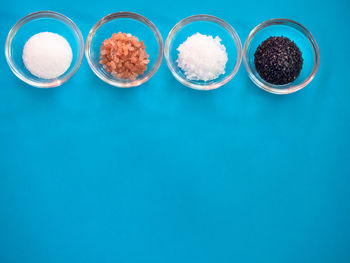 High angle view of food on table against blue background