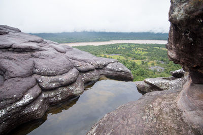 Scenic view of lake by rock formation against sky