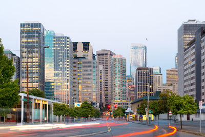 7th avenue and buildings of downtown at dusk., seattle, washington state, united states