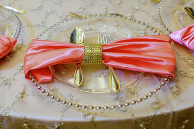 High angle view of place setting on dining table