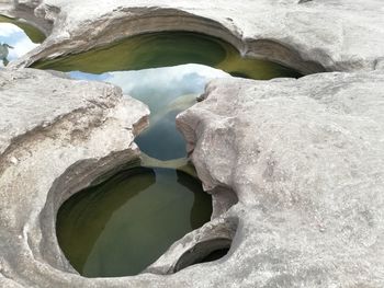 High angle view of rock by lake