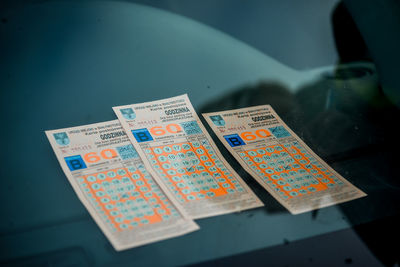 High angle view of open book on table