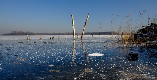 Scenic view of frozen lake against clear sky