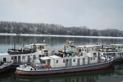 High angle view of ship moored on river during winter