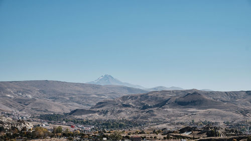 Erciyes stratovolcano on horizon rises above volcanic landscape of cappadocia