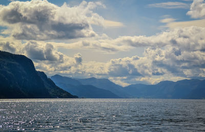 Scenic view of lake and mountains against sky