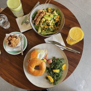 High angle view of breakfast served on table