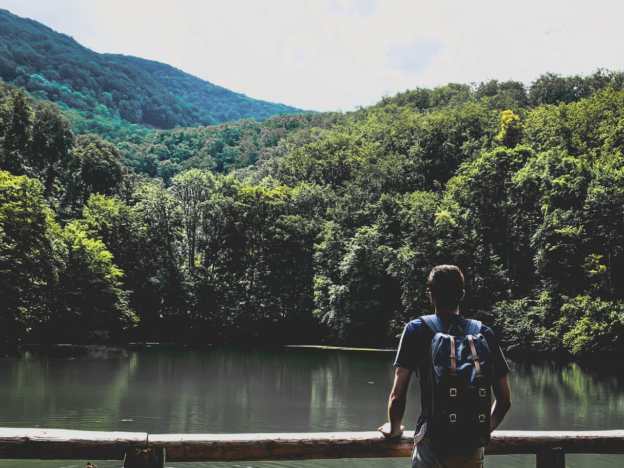 REAR VIEW OF MAN LOOKING AT LAKE