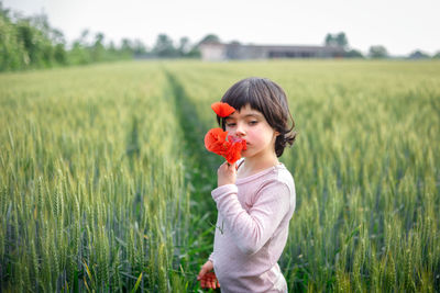 Girl with dark short hair in pink top holding red poppies in green wheat field