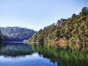 Scenic view of lake against clear blue sky