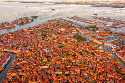 Panoramic shot of venice, san polo, italy. tiled roofs and streets. historical buildings. tourism